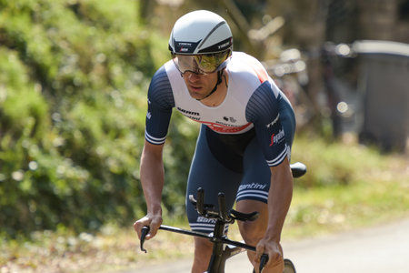 GIEN - FRANCE - 9 MARCH 2021: photography taken on a public street of edward theuns the race paris nice and the time trial of gienのeditorial素材