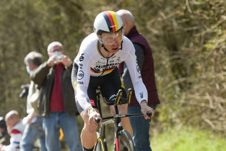 GIEN - FRANCE - 9 MARCH 2021: photography taken on a public street of tony martin the race paris nice and the time trial of gienのeditorial素材