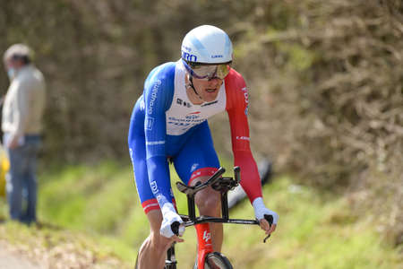 GIEN - FRANCE - 9 MARCH 2021: photography taken on a public street of ramon sinkeldam in the race paris nice and the time trial of gienのeditorial素材