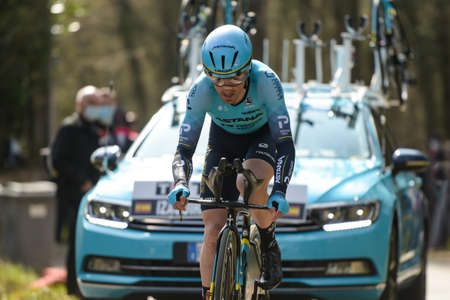 GIEN - FRANCE - 9 MARCH 2021: photography taken on a public street of ion izaguirre in the race paris nice and the time trial of gienのeditorial素材