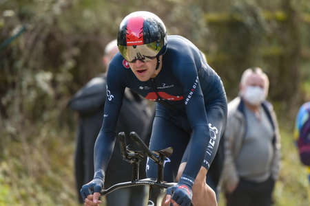 GIEN - FRANCE - 9 MARCH 2021: photography taken on a public street of laurens de plus in the race paris nice and the time trial of gienのeditorial素材