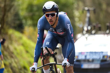 GIEN - FRANCE - 9 MARCH 2021: photography taken on a public street of dries de bondt in the race paris nice and the time trial of gienのeditorial素材
