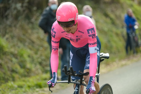 GIEN - FRANCE - 9 MARCH 2021: photography taken on a public street of neilson powless in the race paris nice and the time trial of gienのeditorial素材