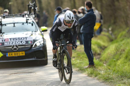GIEN - FRANCE - 9 MARCH 2021: photography taken on a public street of giacomo nizzolo in the race paris nice and the time trial of gienのeditorial素材