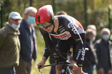 GIEN - FRANCE - 9 MARCH 2021: photography taken on a public street of kobe goosens in the race paris nice and the time trial of gienのeditorial素材