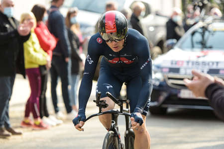 GIEN - FRANCE - 9 MARCH 2021: photography taken on a public street of ben swift in the race paris nice and the time trial of gienのeditorial素材