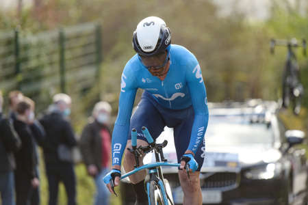 GIEN - FRANCE - 9 MARCH 2021: photography taken on a public street of jose rojas in the race paris nice and the time trial of gienのeditorial素材
