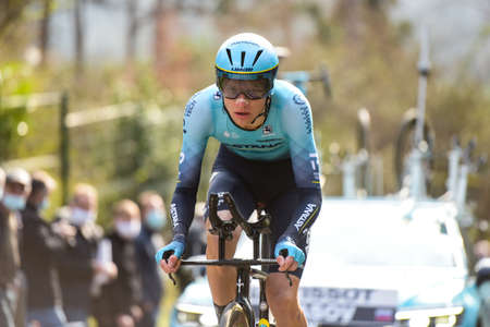 GIEN - FRANCE - 9 MARCH 2021: photography taken on a public street of luis leon sanchez in the race paris nice and the time trial of gienのeditorial素材