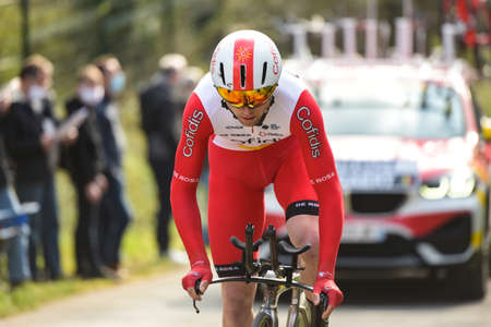 GIEN - FRANCE - 9 MARCH 2021: photography taken on a public street of piet allegaert in the race paris nice and the time trial of gienのeditorial素材