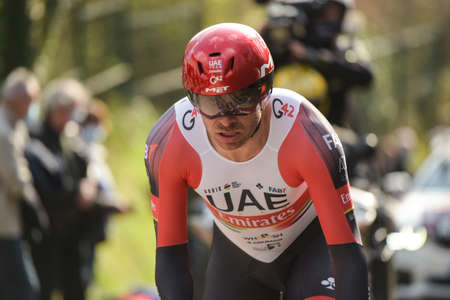GIEN - FRANCE - 9 MARCH 2021: photography taken on a public street of alexander kristoff in the race paris nice and the time trial of gienのeditorial素材