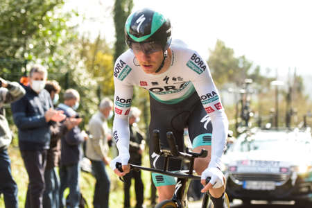 GIEN - FRANCE - 9 MARCH 2021: photography taken on a public street of felix grossschartner in the race paris nice and the time trial of gienのeditorial素材
