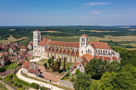 aerial view on the basilica of vezelay sainte marie madeleine which belongs to the world heritage of unescoのeditorial素材