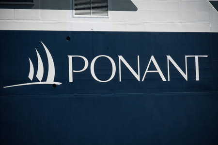 Ponant signboard on a boat in Saint Malo which is a firm of cruiseのeditorial素材
