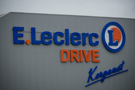 view on E.Leclerc drive signboard on kerganet which is a firm of large distribution
