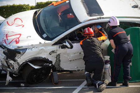 intervention of firefighters on a road accident in Franceのeditorial素材
