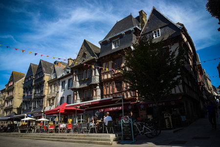 View on the medieval houses of the city of lannion on coast of armor in brittanyのeditorial素材