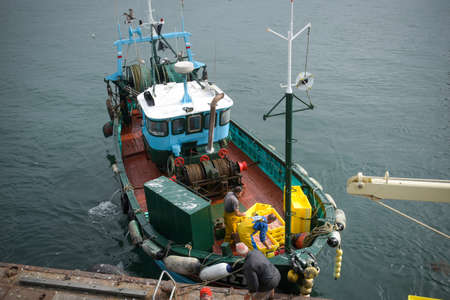 SEPTEMBER 2021 - GUILVINEC - FRANCE: view on fisherman unloading their fish on the harbor of the guivilnec in Brittanyのeditorial素材