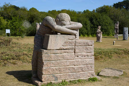 view on granite sculpture on the town of Perros Guirec in Brittanyのeditorial素材