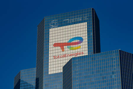 FEBRUARY 2022 - LA DEFENSE - FRANCE: view on the Total Energies signboardのeditorial素材