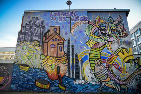 March 2022 - Paris - France: view on street art of unknown artist on the wall of the cityのeditorial素材