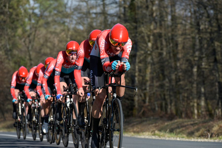 DAMPIERRE EN BURLY - FRANCE - MARCH 7, 2023: View of the cyclist team Lotto Dstny during the team time trial of the professional cycling race PARS NICE 2023.のeditorial素材