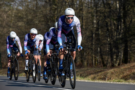 DAMPIERRE EN BURLY - FRANCE - MARCH 7, 2023: View of the cyclist team Israel Premier Tech during the team time trial of the professional cycling race PARS NICE 2023.のeditorial素材