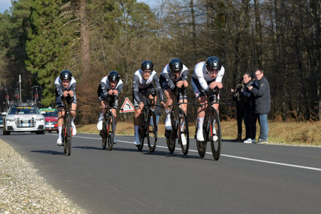 MARCH 2023: View on the cyclist team UAE Team Emirates during the team time trial of the professional cycling race PARS NICE 2023.のeditorial素材