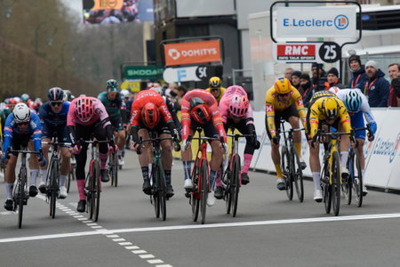 FONTAINEBLEAU - FRANCE - MARCH 6, 2023: view of Mads Pedersen winning at Fontainebleau the second stage of Paris Nice 2023 in the sprintのeditorial素材