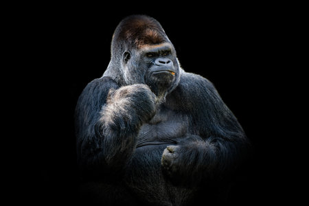beautiful portrait of a silverback gorilla on a black backgroundの写真素材