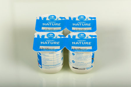 Melun - France - April 2023: view on the Carrefour private label yogurtのeditorial素材