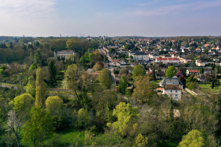 aerial view on the city of Boissise le Roi in Seine et Marne in Franceの写真素材