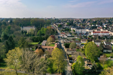 aerial view on the city of Boissise le Roi in Seine et Marne in Franceの写真素材