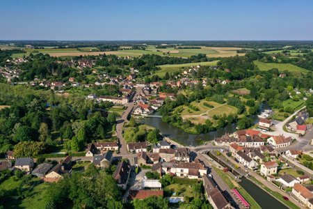 aerial view on Rogny les Sept Ecluses in Bourgogne in Franceの写真素材