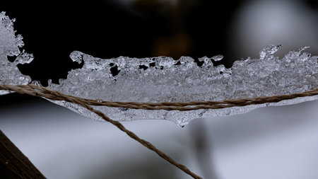 Severe frost prevents the snow from melting on the thin ropeの写真素材