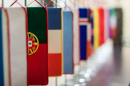 many flag arrange on tableの写真素材