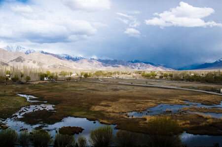 Natural swamp with snow mountain backgroundの写真素材