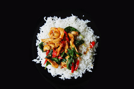 Spicy chicken basil with rice top viewの写真素材