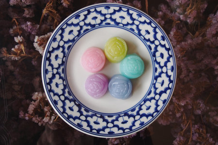 Thai sweetmeat in pastel flower shapeの写真素材