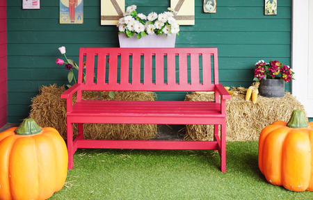 red timber bench seating with green wall backgroundの写真素材