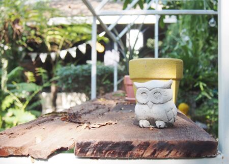 decorative owl sculpture on the timber shelving with garden backgroundの写真素材
