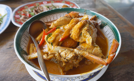 Fresh crab with egg Thai red curry with bamboo shoot with ladleの写真素材