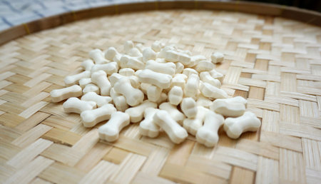 Milk pellets in bone shape on woven basket