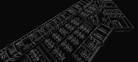 office interior isometric sketch line from computer generate program on black background