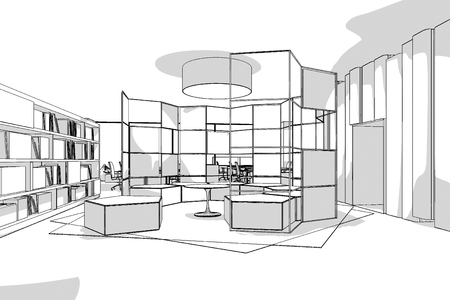 office interior perspective line from computer generate program black line on white backgroundの写真素材