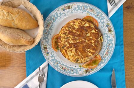 spanish tortilla on the pattern plateの写真素材