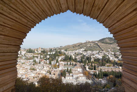 Albayzin old town with the traditional Moors style arch at old town of Granada, Spainの写真素材