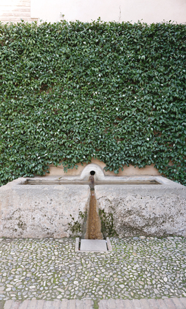small well with plants background in Granada, Spainの写真素材