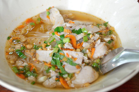rice noodle spicy soup with pork Thai style