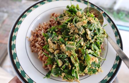 Homemade deep fried green vegetable with brown riceの写真素材