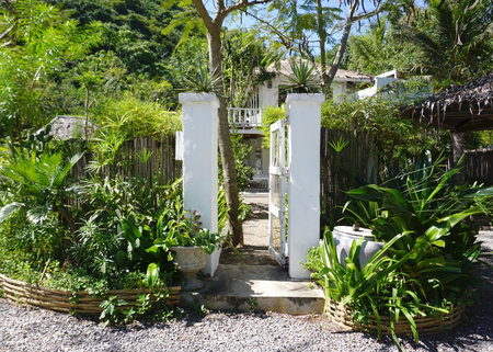 tropical house gate surrounding with green natureの写真素材